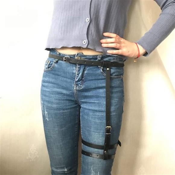 ZARSIO Women Faux Leather Leg Harness Belt Sexy Punk Waist Leg Cage Belt main image 11